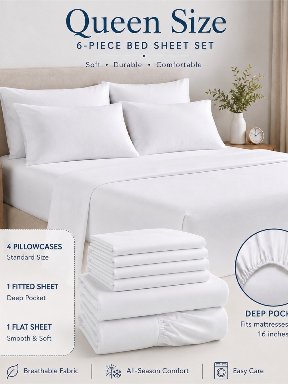 Queen Size 6 Piece Bed Sheet Set - White